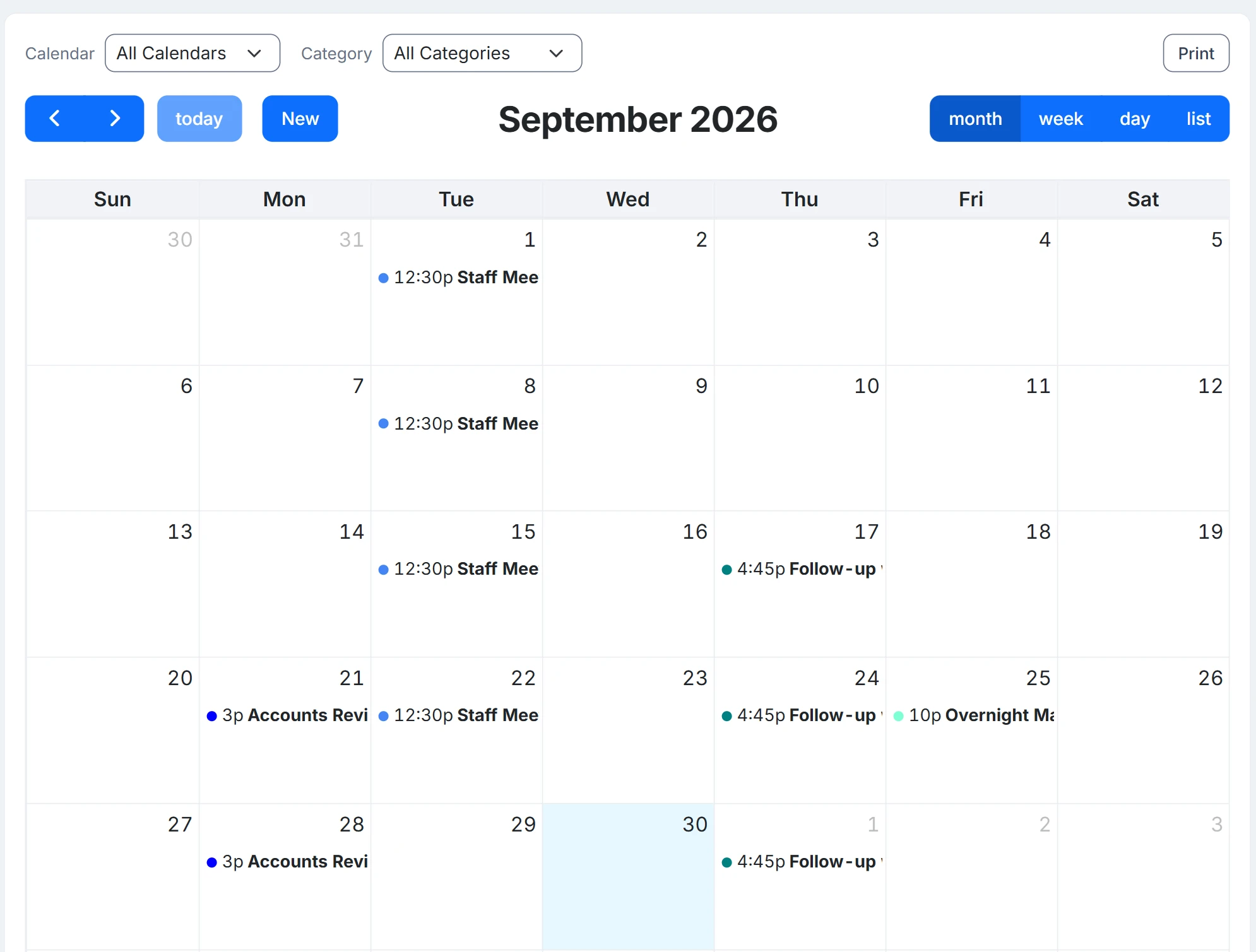 The InOutBoard calendar in month view for September 2026, with calendar and category filters, today and New buttons, a month, week, day and list switcher, and events across several days including recurring staff meetings, follow-up calls, an accounts review and an overnight event.