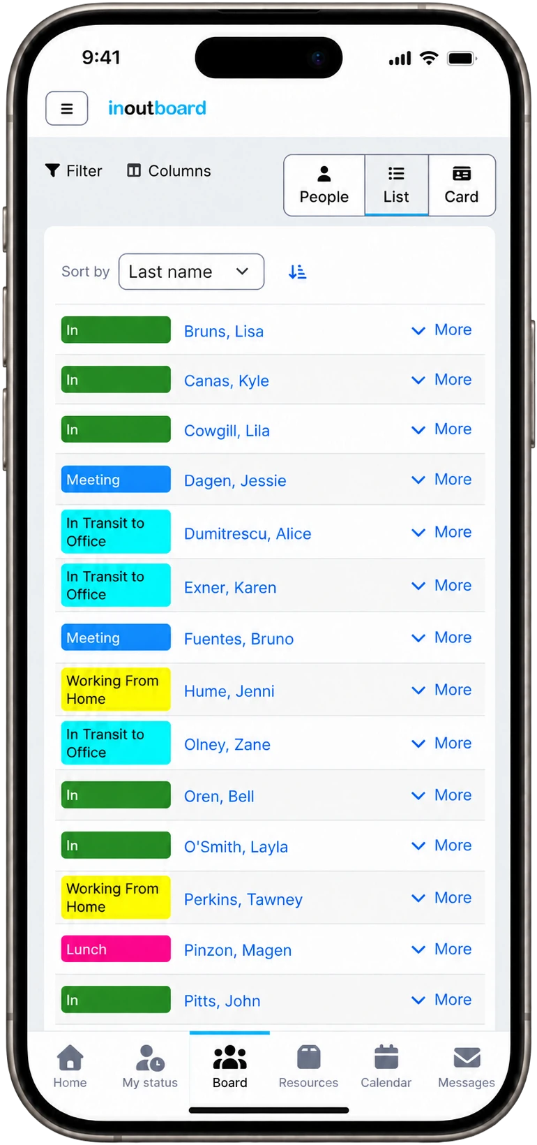 The InOutBoard status board in List view on an iPhone, each row showing a person's status and name with a More control to expand it, above the bottom tab bar.