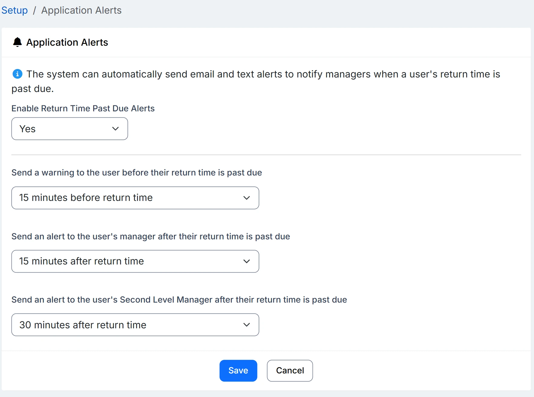 The InOutBoard Application Alerts settings: Enable Return Time Past Due Alerts set to Yes, with three timing rules: a warning to the user 15 minutes before their return time, an alert to their manager 15 minutes after it, and an alert to their second-level manager 30 minutes after it.