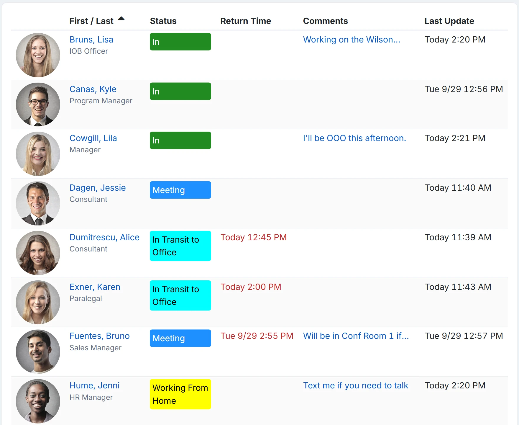 The InOutBoard status board in People view, listing staff with their status, expected return time, comments, and last update.