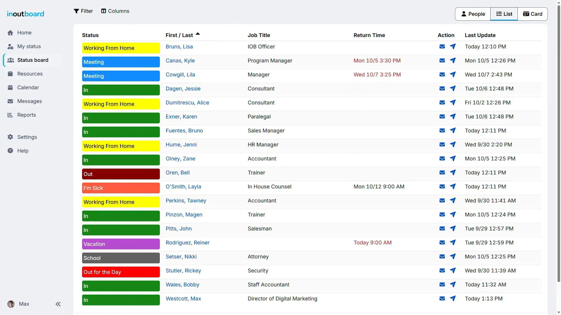 The InOutBoard status board in List view, showing each person's status, job title, return time and last update. Three return times are shown in red because they have passed.