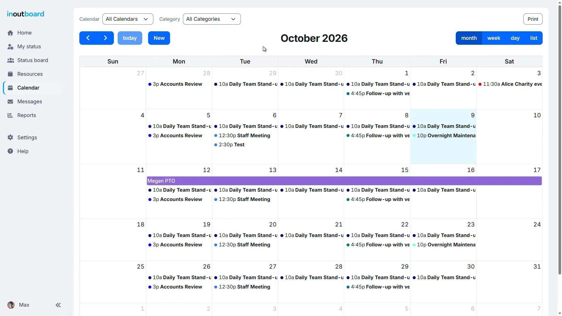 The InOutBoard calendar in month view for October 2026, with the Calendar and Category filters, the New button, the month, week, day and list switcher, and a week of time off running across the middle of the month.