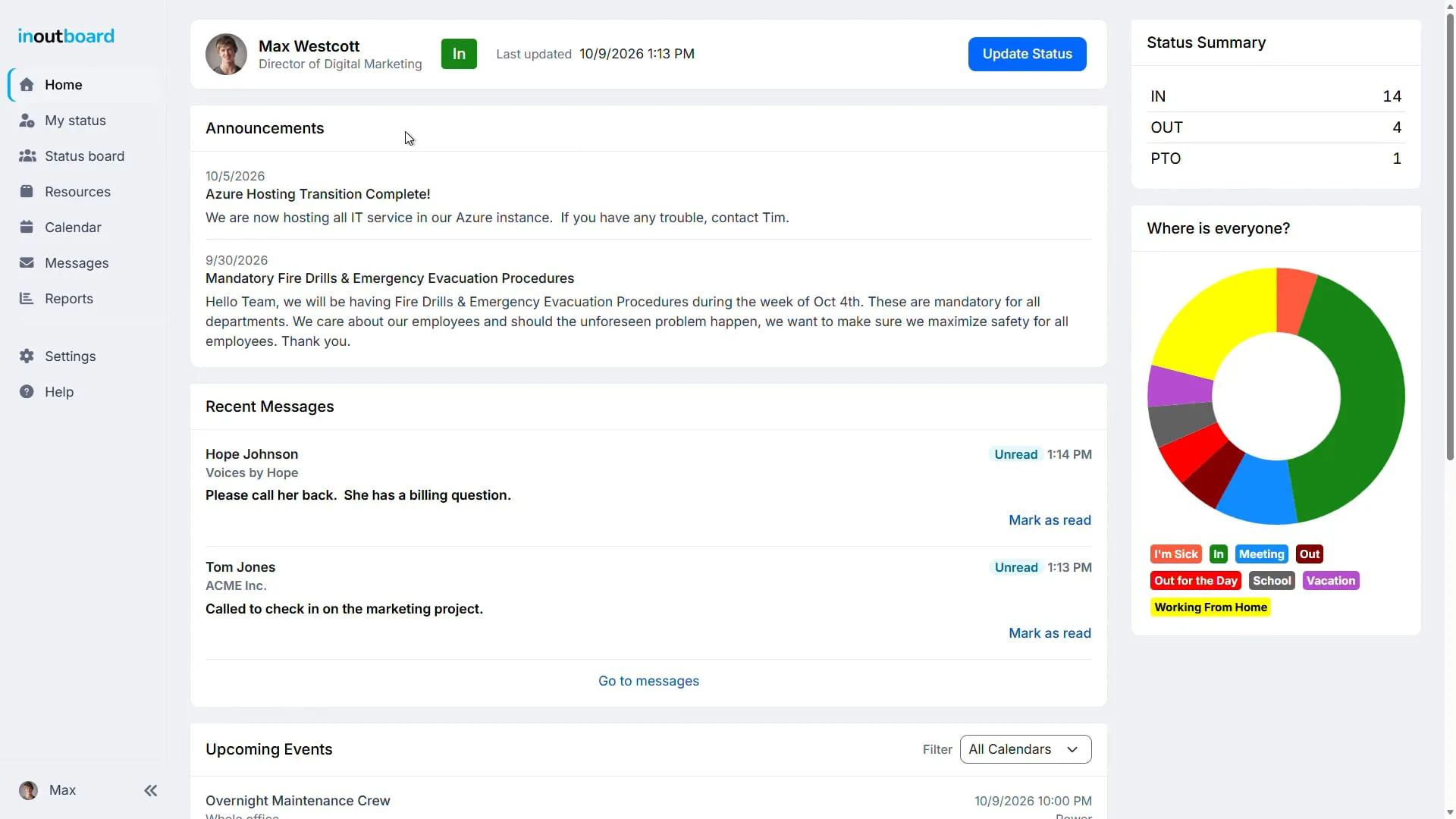 The InOutBoard dashboard: a status card with an Update Status button across the top, announcements and recent messages below it, and on the right a status summary counting who is in, out and on PTO above the Where is everyone? chart.