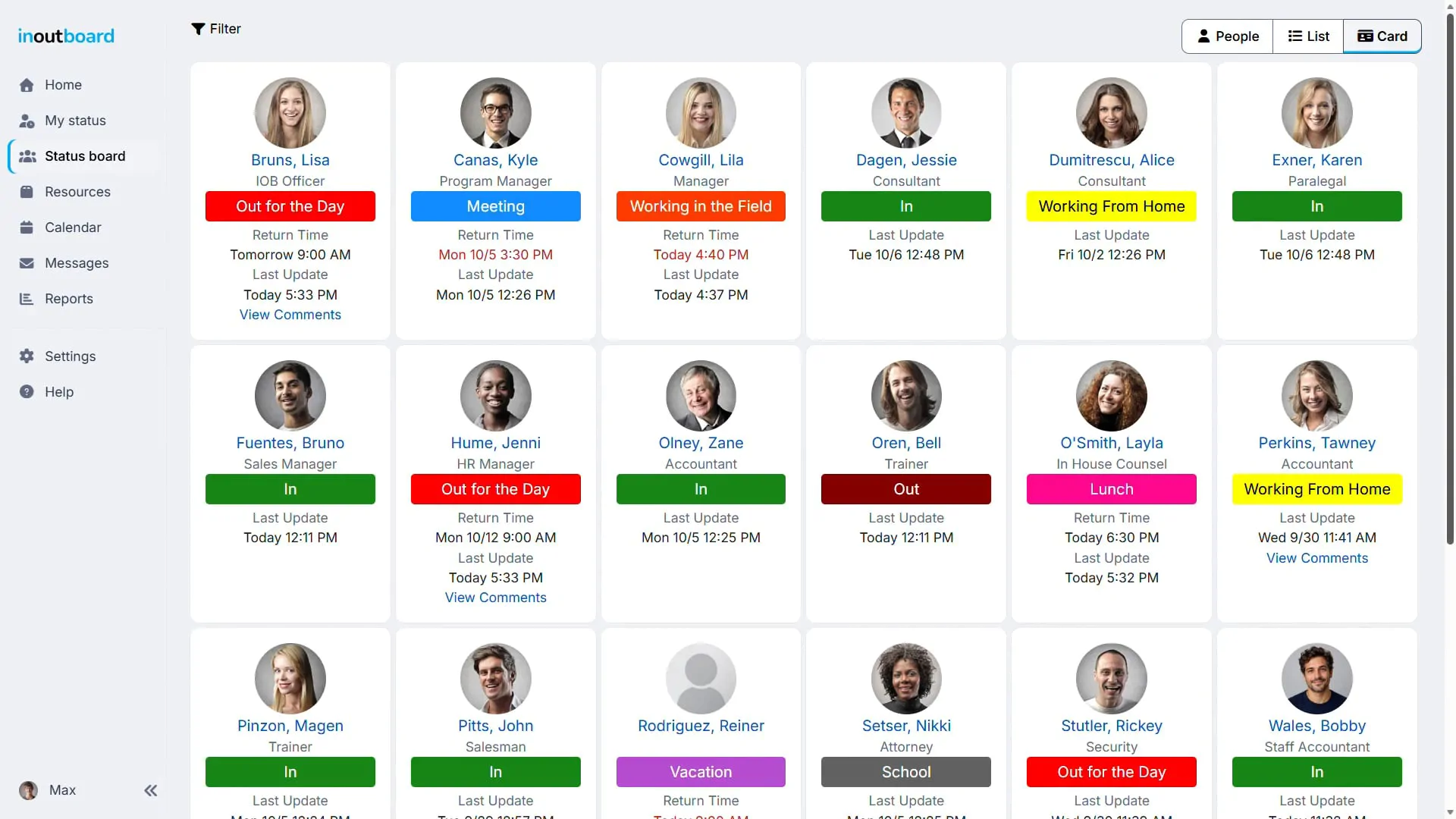 The InOutBoard status board in Card view: a card for each person with their photo, name, job title and a color-coded status such as In, Out for the Day, Meeting, Working in the Field, Working From Home, Lunch, Vacation or School, with their return time and last update.