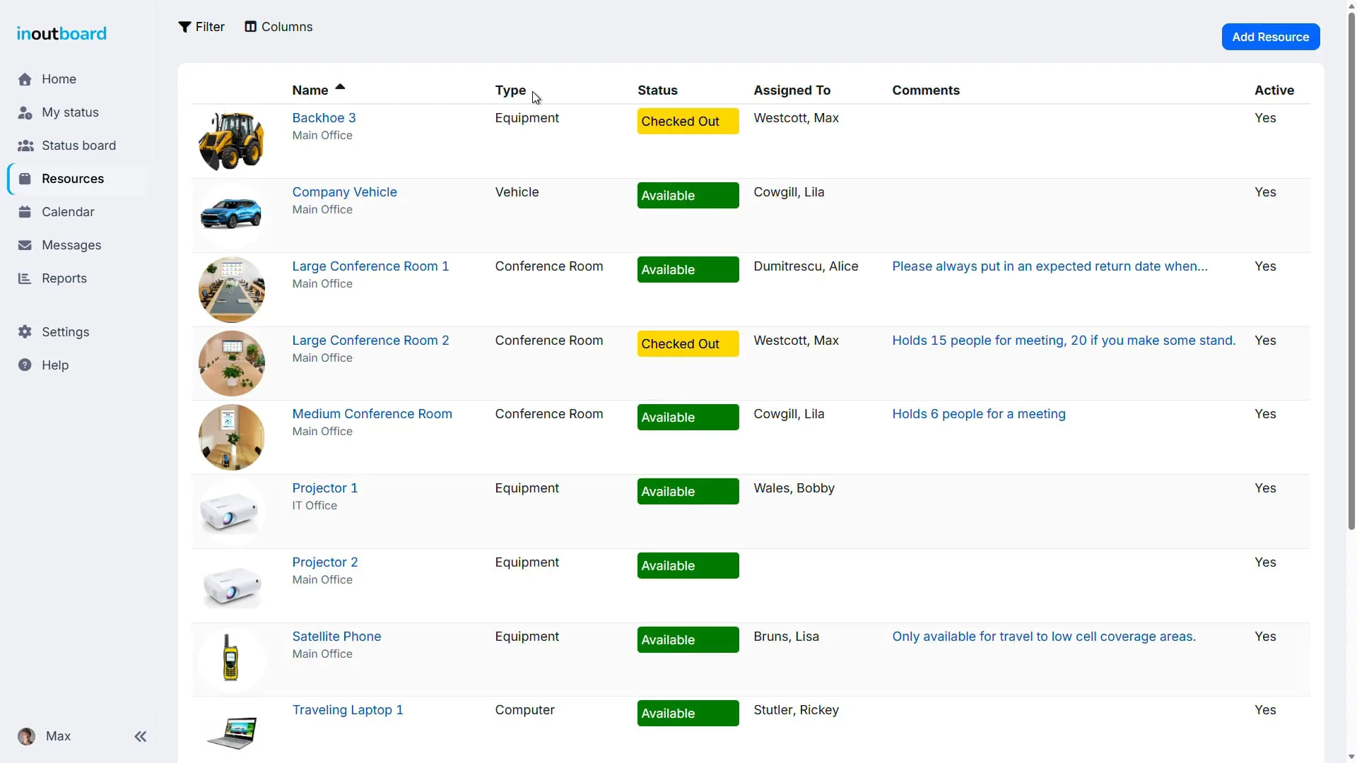 The InOutBoard resource list: a backhoe, a company vehicle, three conference rooms, two projectors, a satellite phone and a laptop, each with a photo, its type, a Checked Out or Available status, who it is assigned to and a comment, beneath Filter and Columns controls and an Add Resource button.