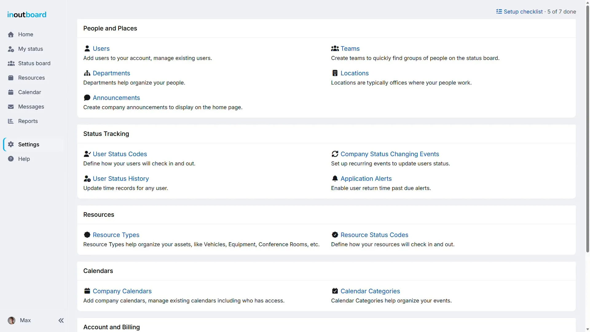 The InOutBoard Settings page, with a Setup checklist link reading 5 of 7 done in the top right, above cards for People and Places (Users, Teams, Departments, Locations and Announcements), Status Tracking (User Status Codes, User Status History, Company Status Changing Events and Application Alerts), Resources and Calendars.