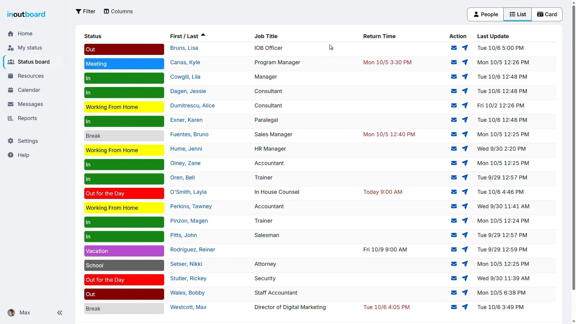 The InOutBoard status board in List view: each person's status in color, name, job title, return time and last update.