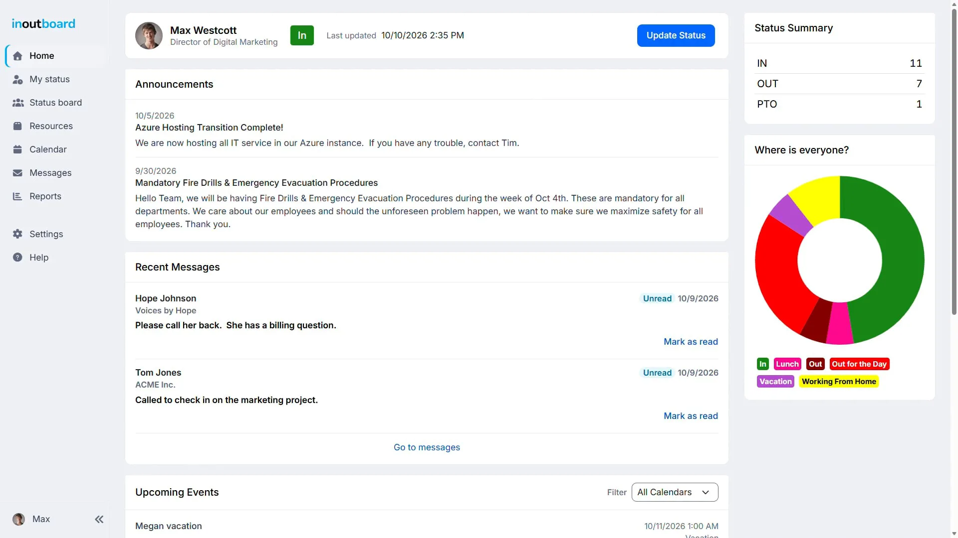 The InOutBoard Home dashboard: the signed-in user's status, In, with when it was last updated and the blue Update Status button, above Announcements, Recent Messages and Upcoming Events, with the Status Summary and the Where is everyone? chart on the right.