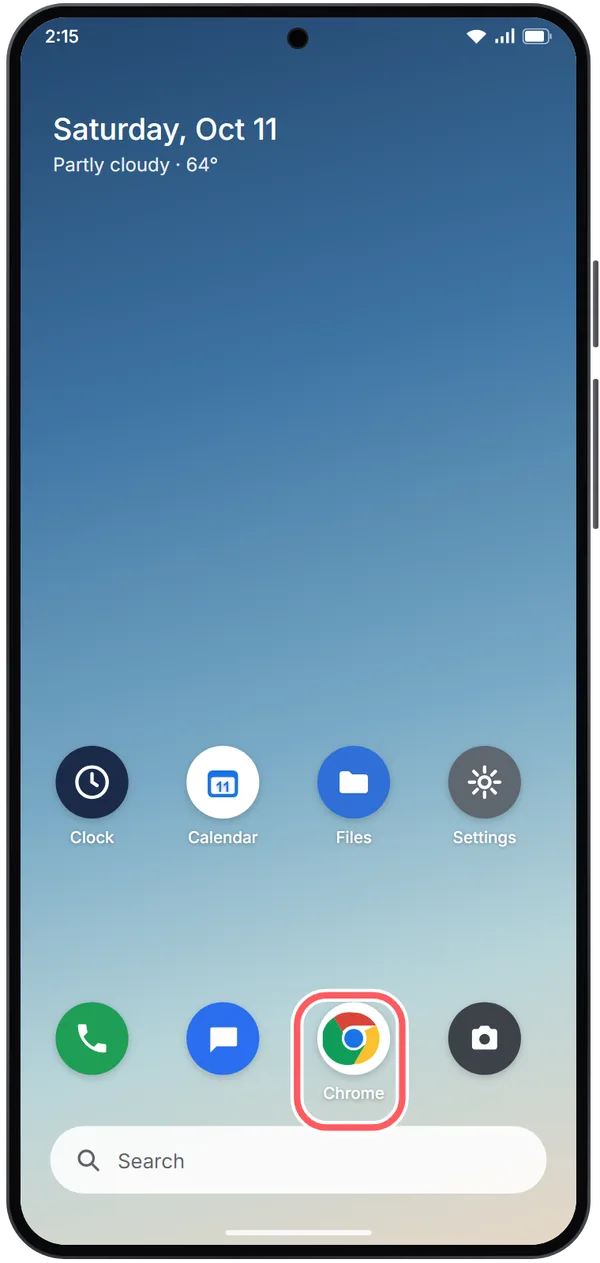 Illustration: an Android home screen with the Chrome icon circled.