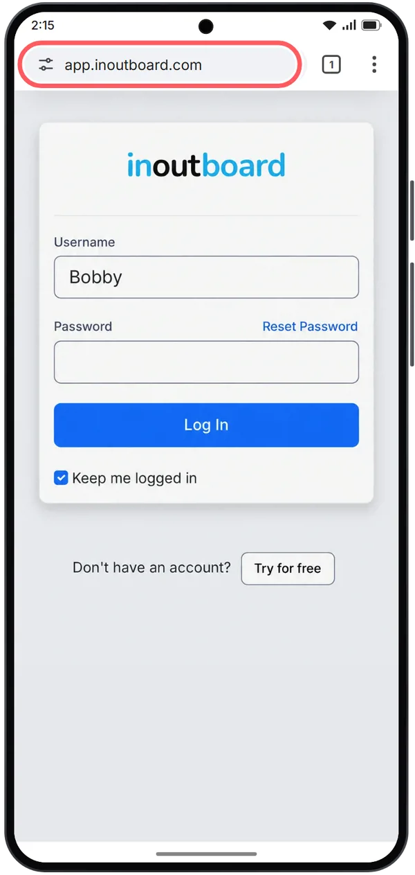 Illustration: Chrome showing the InOutBoard sign-in page, with the address bar, reading app.inoutboard.com, circled.