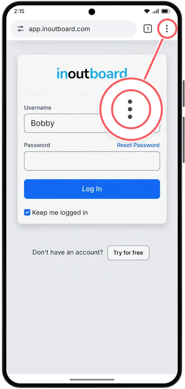 Illustration: Chrome on the InOutBoard sign-in page, with the three-dot More button at the top right circled and shown enlarged.