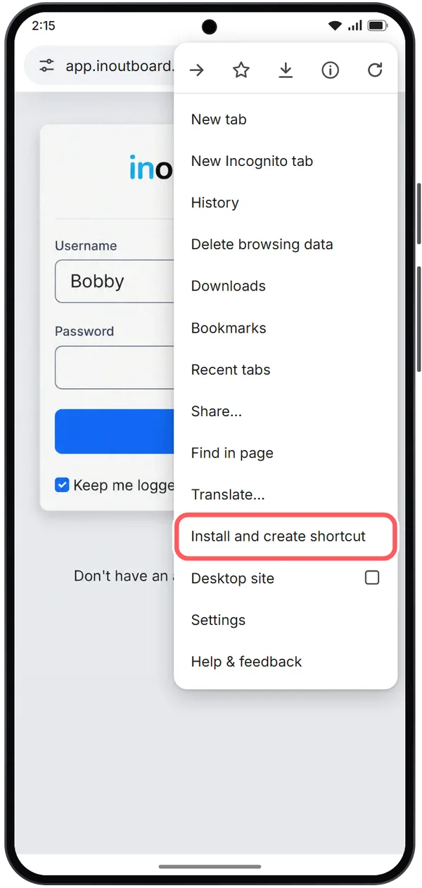 Illustration: Chrome's menu open, with Install and create shortcut circled.