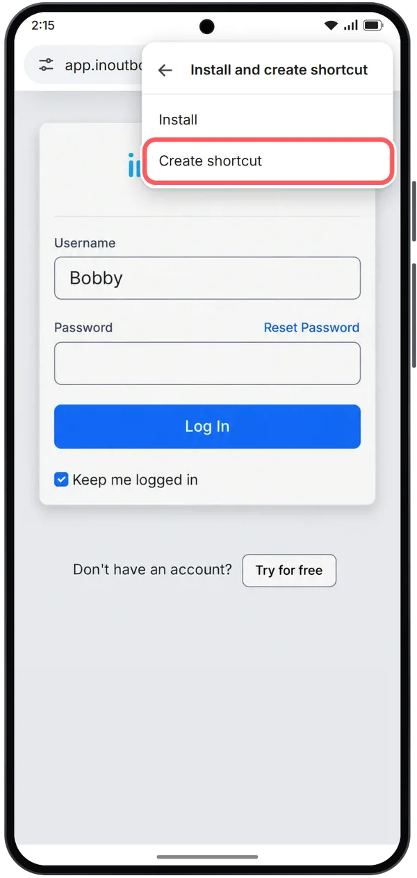 Illustration: the Install and create shortcut menu, offering Install and Create shortcut, with Create shortcut circled.