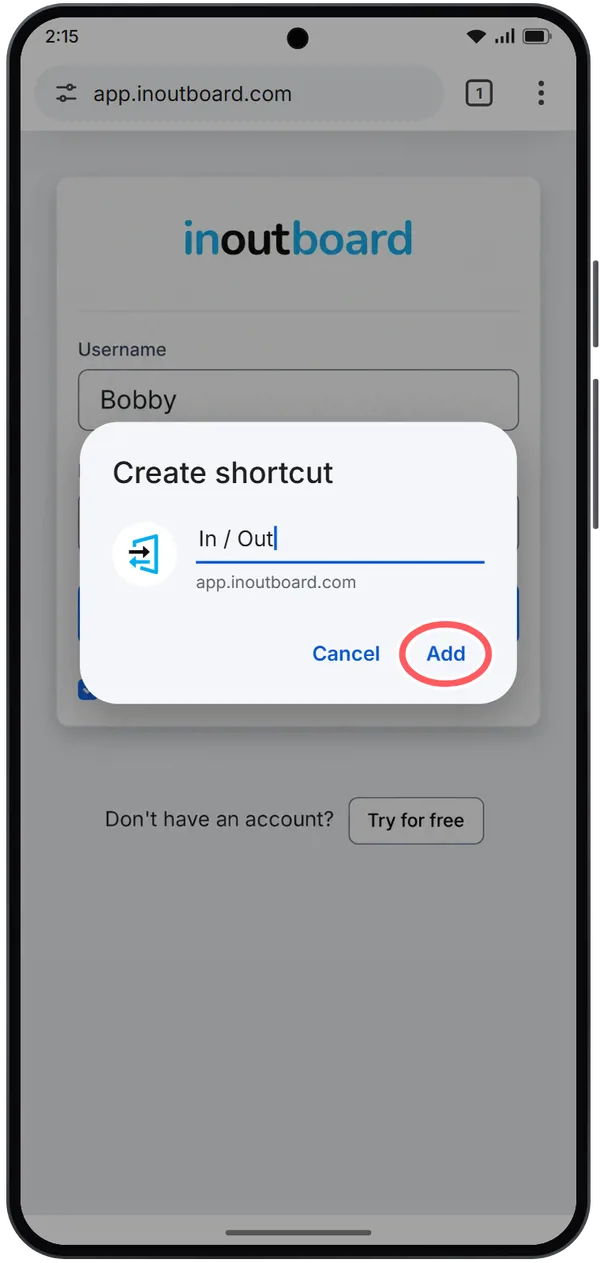 Illustration: the Create shortcut dialog, named In / Out, for app.inoutboard.com, with the Add button circled.