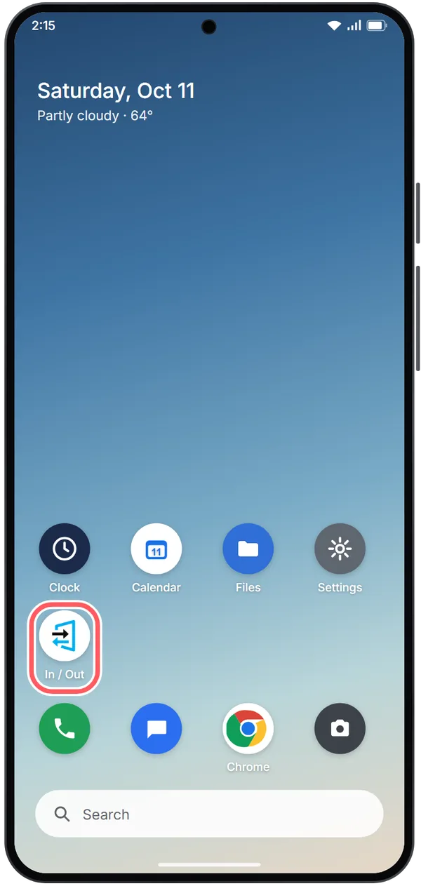 Illustration: the Android home screen again, now with the round InOutBoard icon, labeled In / Out, circled.