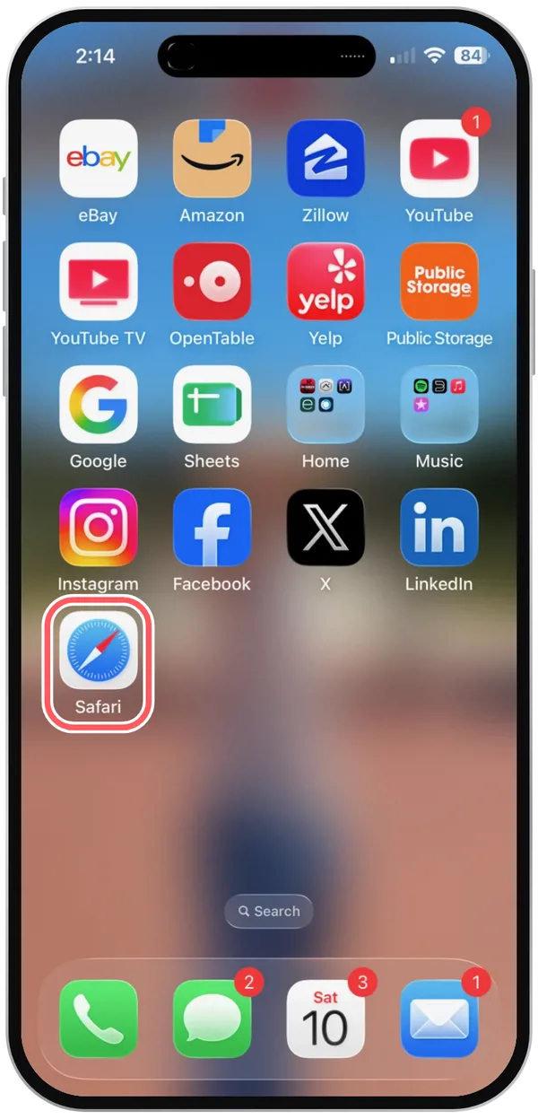 An iPhone Home Screen with the Safari icon circled.