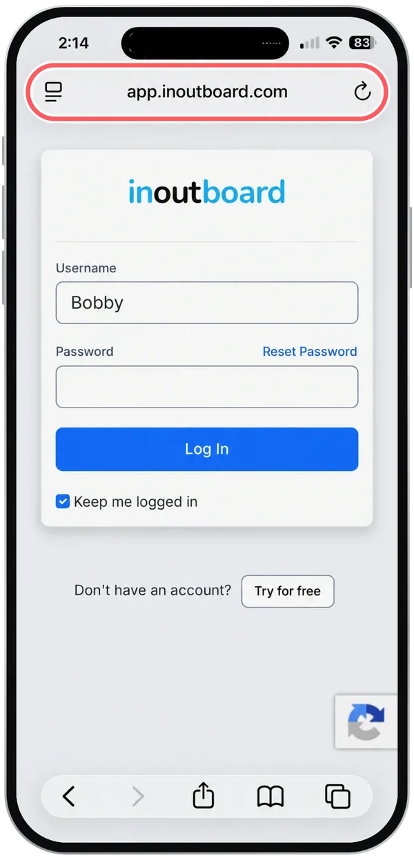 Safari showing the InOutBoard sign-in page, with the address bar, reading app.inoutboard.com, circled.