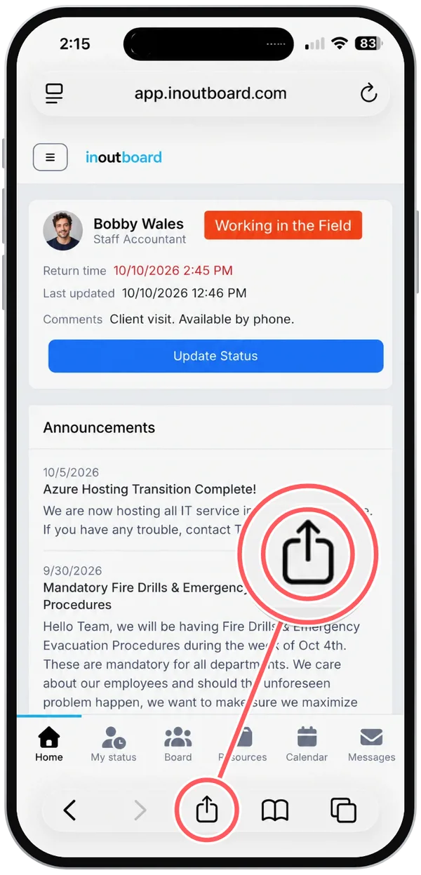 The InOutBoard Home screen in Safari, with the Share icon in Safari's bottom toolbar circled and shown enlarged.