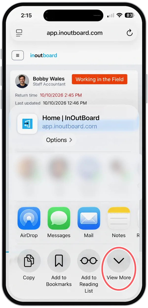 Safari's share sheet for app.inoutboard.com, with View More circled at the end of the row of Copy, Add to Bookmarks and Add to Reading List.