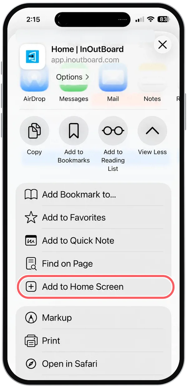 The share sheet's full list of options, with Add to Home Screen circled.
