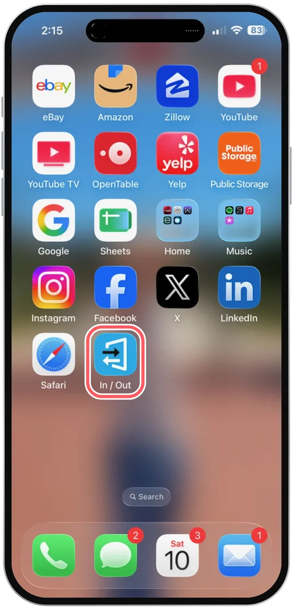 The iPhone Home Screen again, now with the blue InOutBoard icon, labeled In / Out, circled next to Safari.