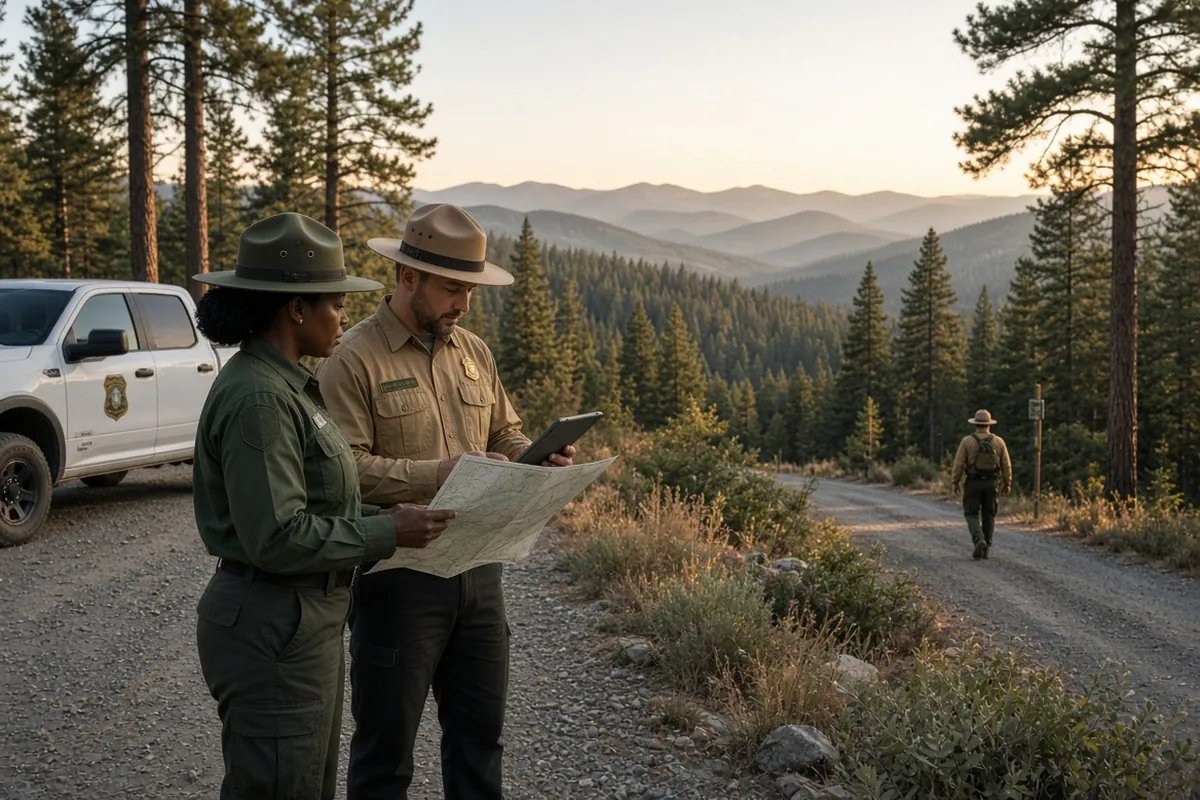 Forestry staff checking a map and tablet on a ridge road at dusk.