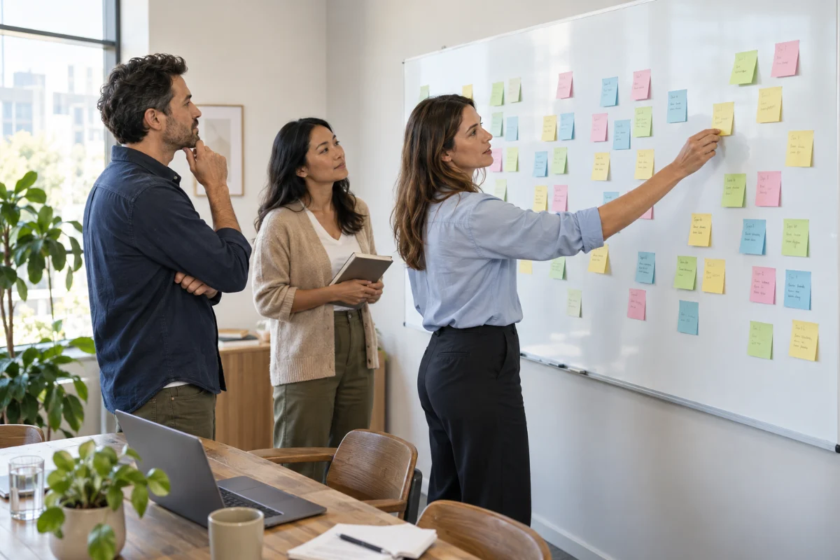 Three colleagues comparing options on a whiteboard covered in sticky notes.