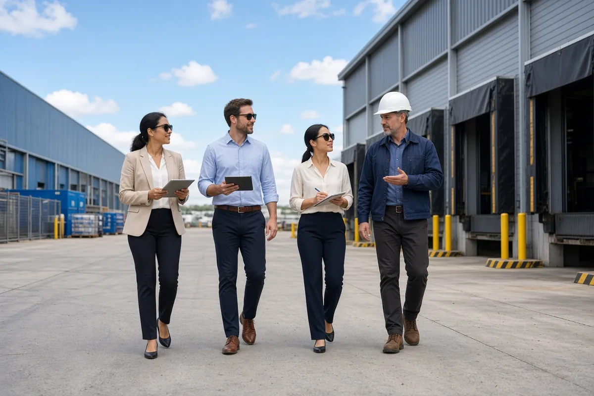 Consultants walking a client site with tablets and notes in hand.