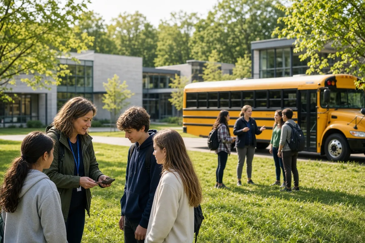 School staff with students on campus as the buses arrive.