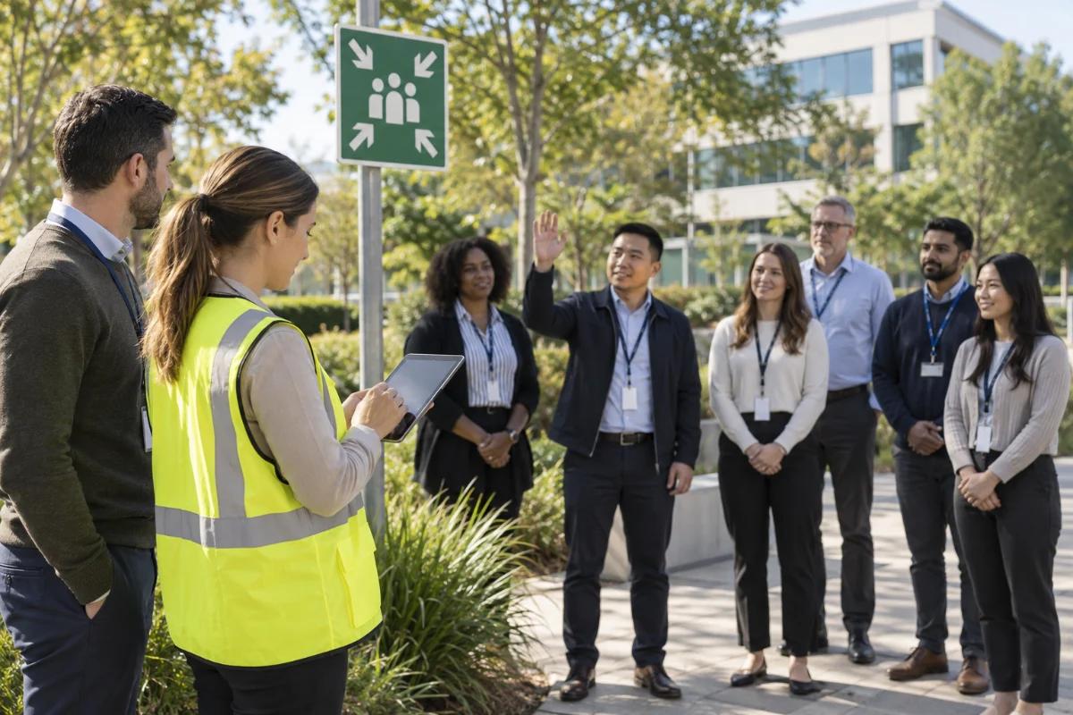 A warden in a hi-vis vest checking names on a tablet at an assembly point as staff gather outside an office building.