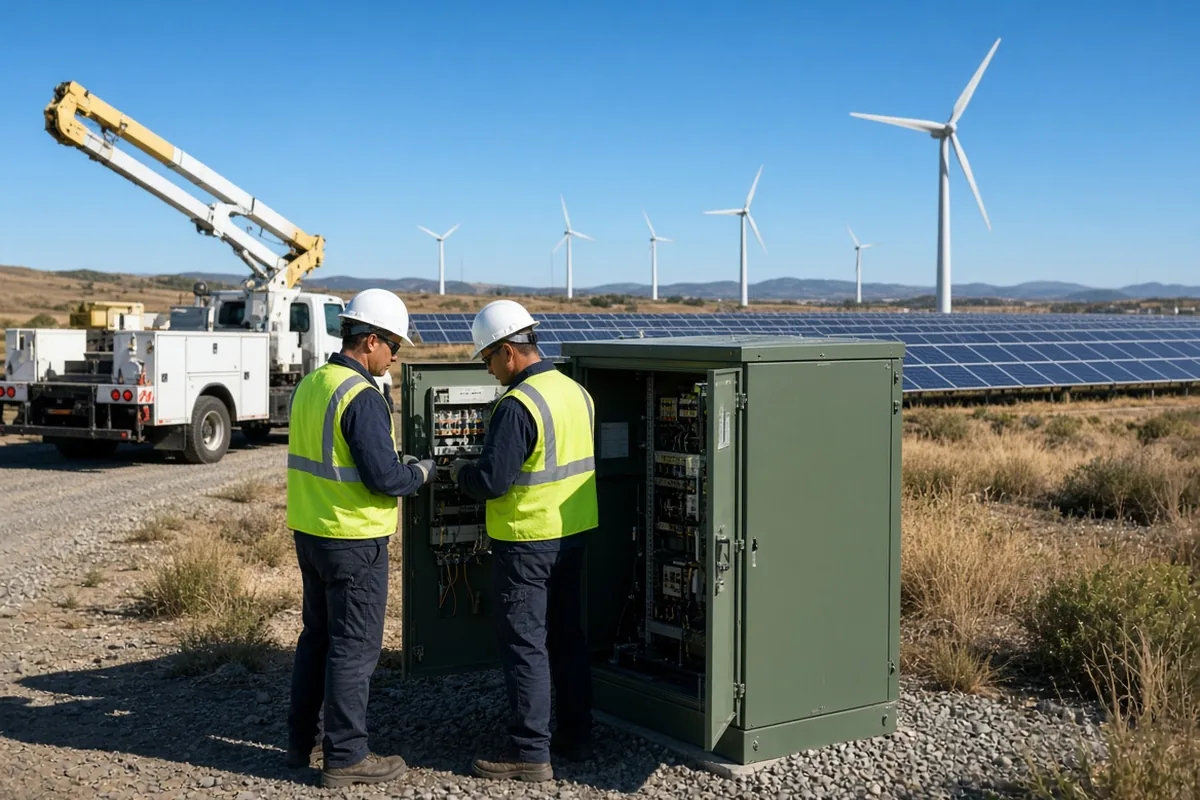Utility technicians servicing a control cabinet at a wind and solar site.