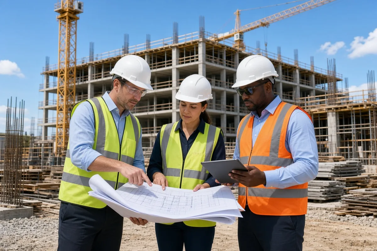 Engineers reviewing a tablet in front of a building under construction.