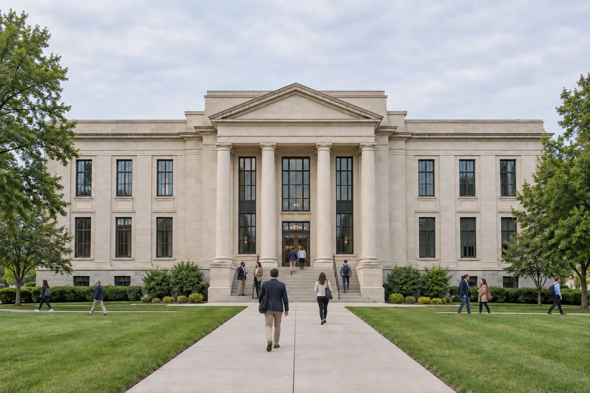 A limestone courthouse seen square on, behind a lawn and a path to its steps.