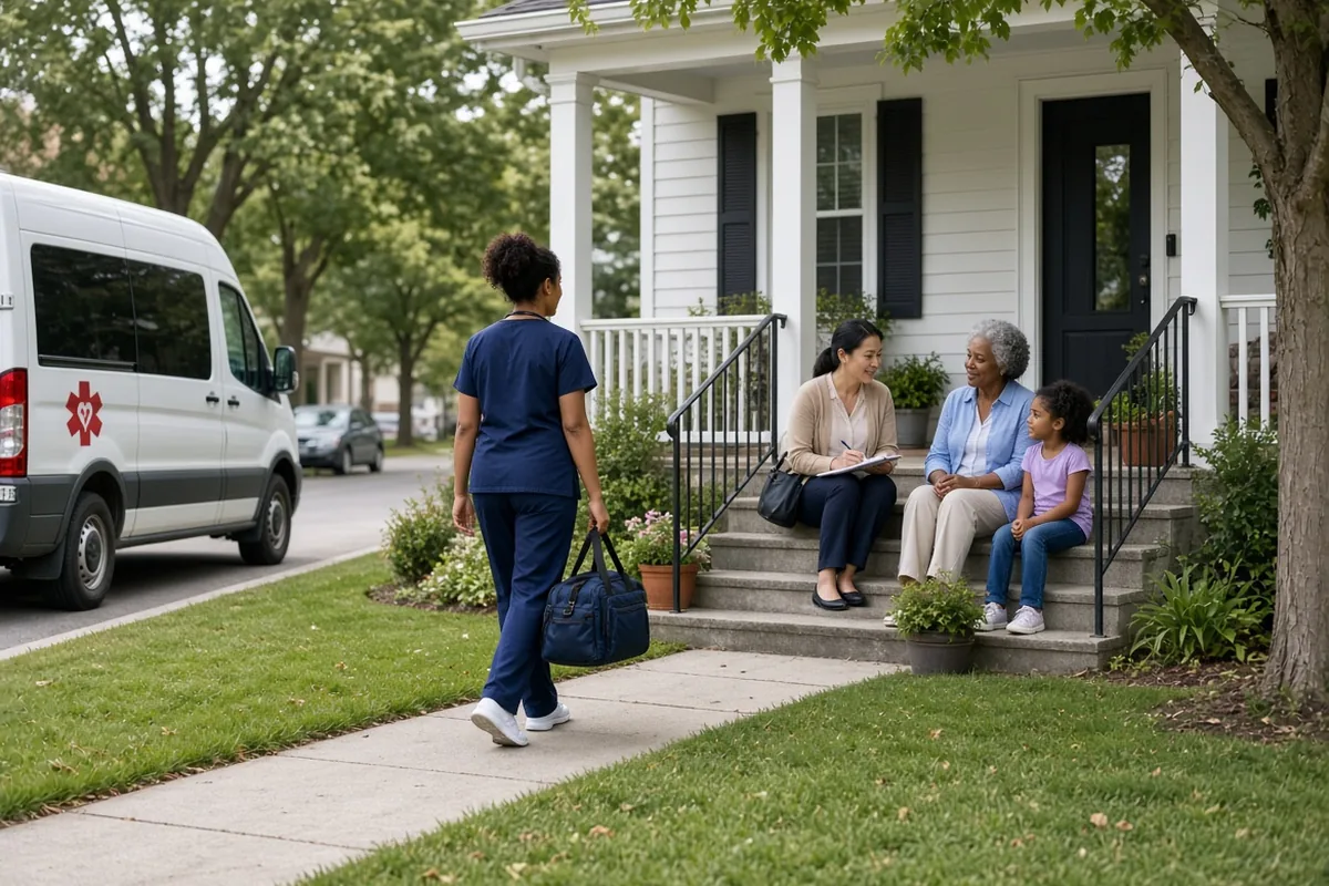 A home health nurse arriving to visit a family.