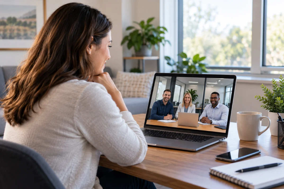 Someone working from home on a video call with three colleagues sitting together in an office meeting room.