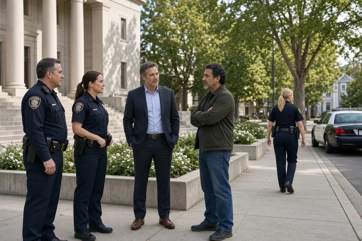 Officers and a prosecutor talking with a resident outside a courthouse.