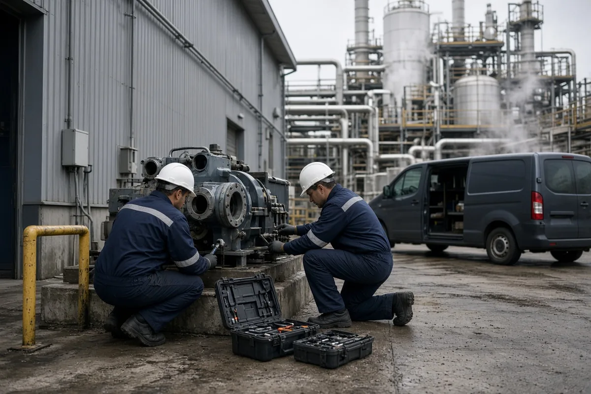Maintenance technicians servicing equipment at an industrial plant.