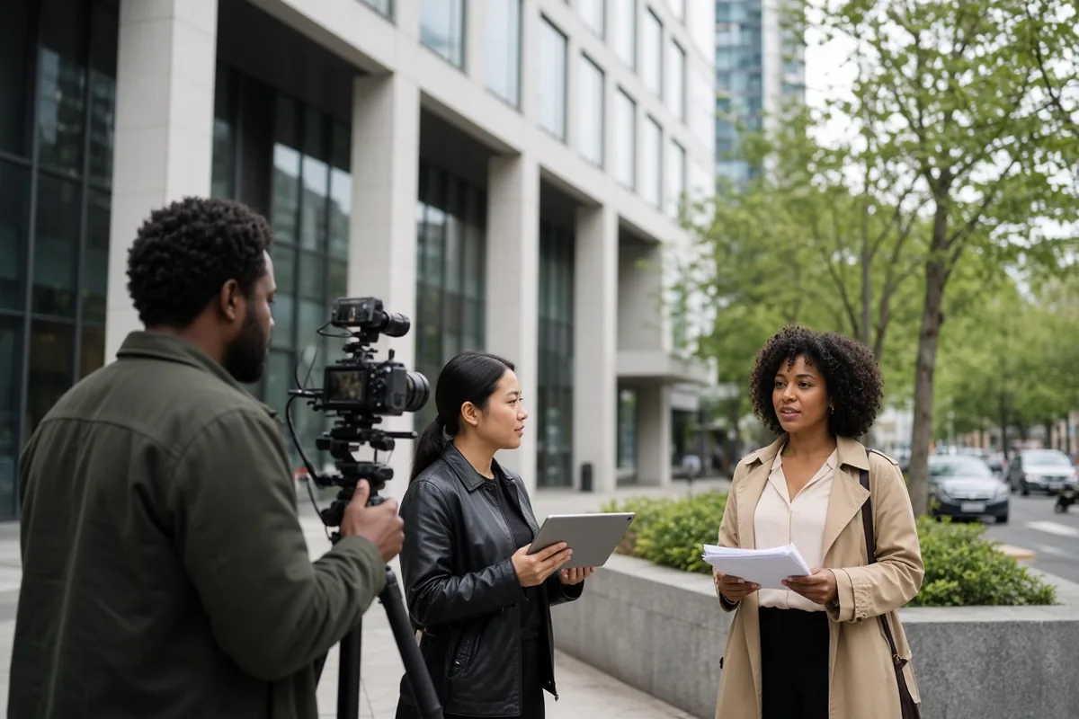 Camera crew filming a street interview outside an office building.