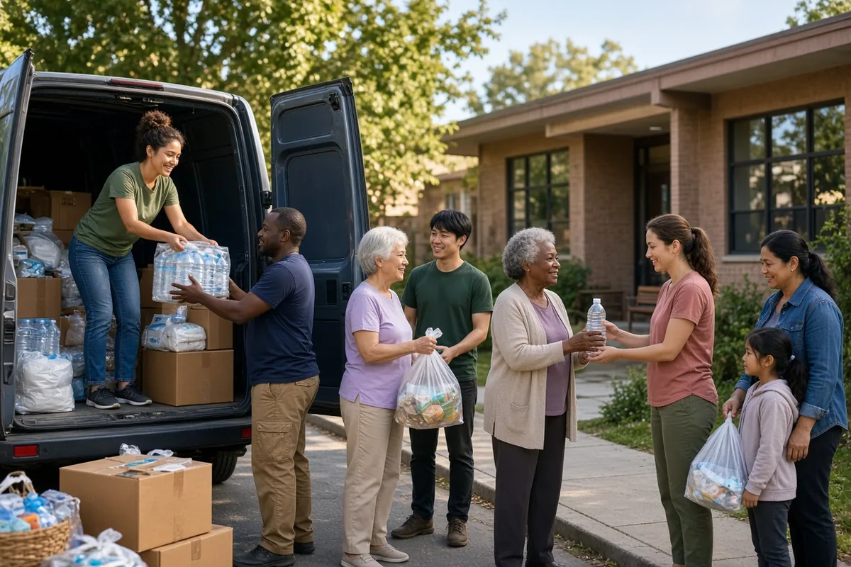 Volunteers unloading supplies from a van at a community distribution.