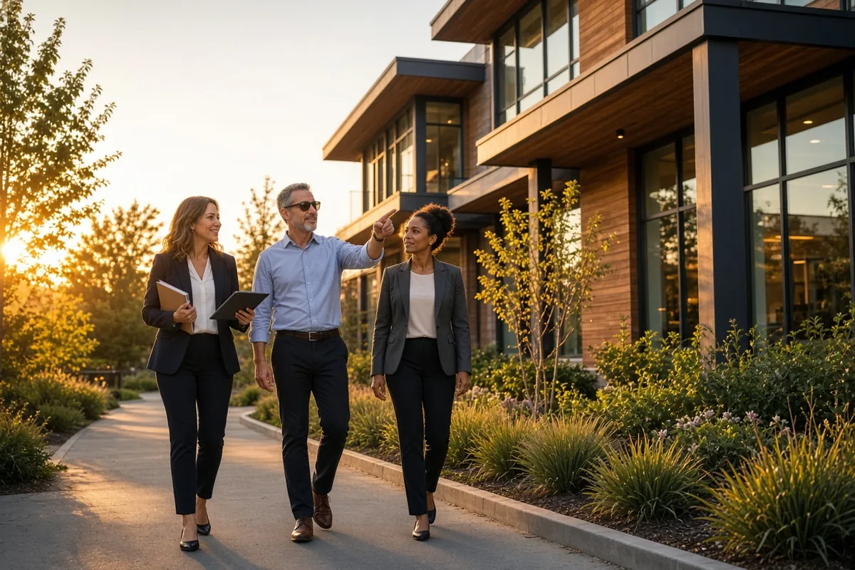 A property manager walking prospective tenants around a building at sunset.