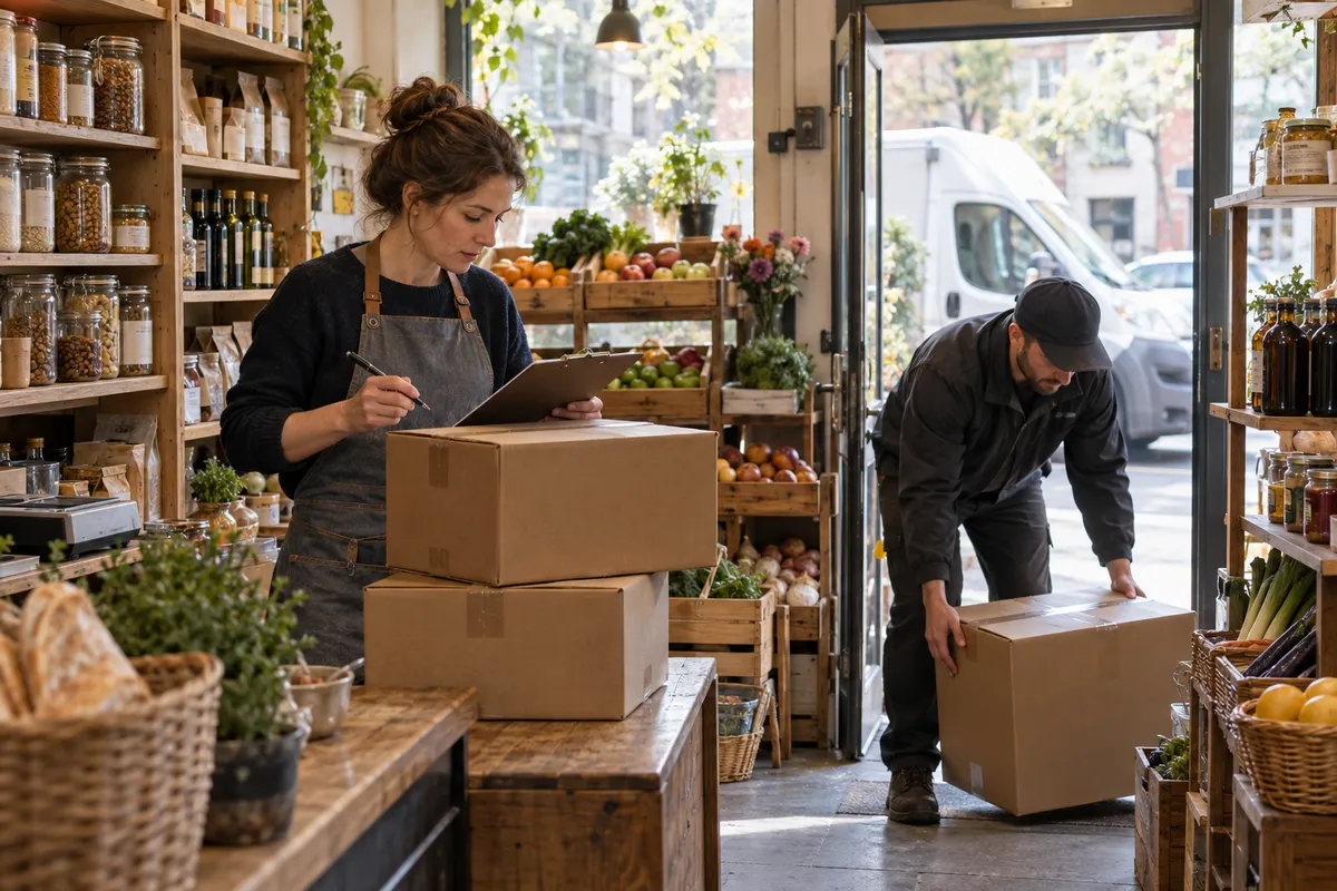 A shopkeeper checking a delivery against a clipboard while a courier carries in another box.