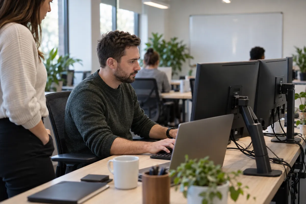 An IT technician working at a desk in an open office while a colleague looks on.
