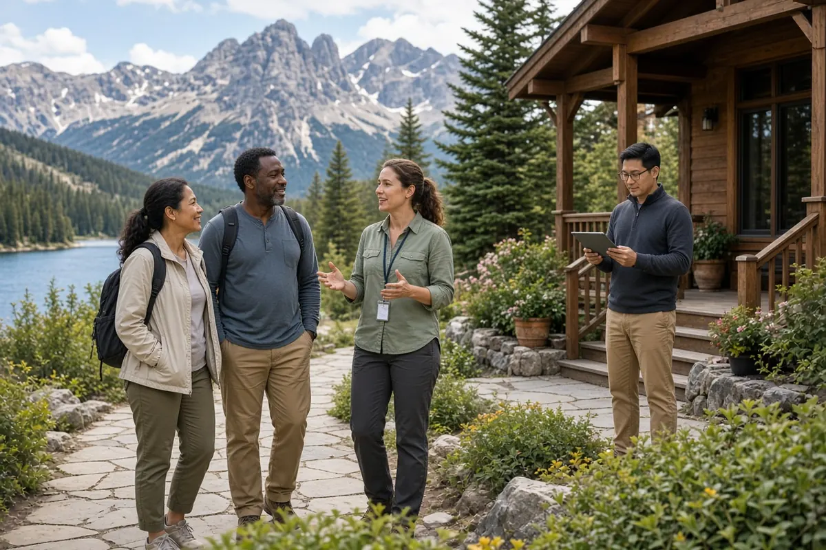 Lodge staff welcoming guests on a path outside a mountain resort.