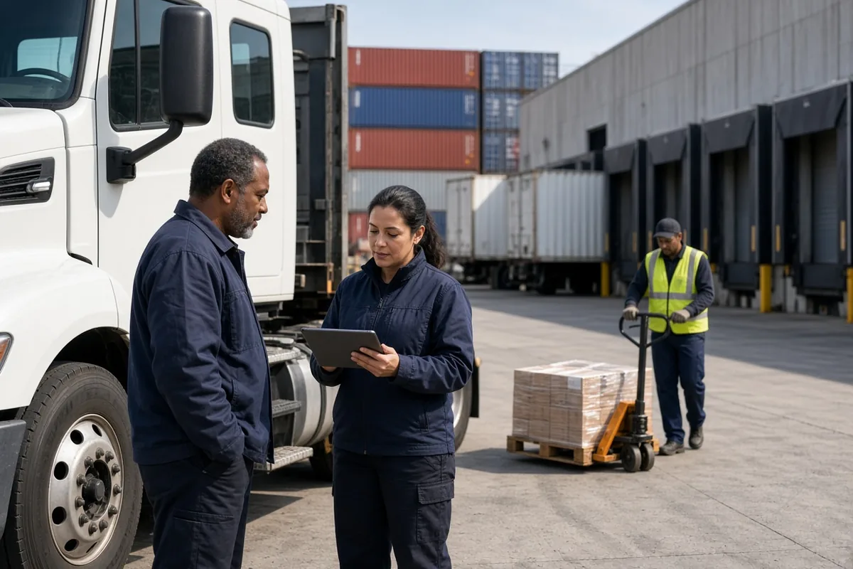 Two drivers reviewing a tablet beside a truck at a loading dock.
