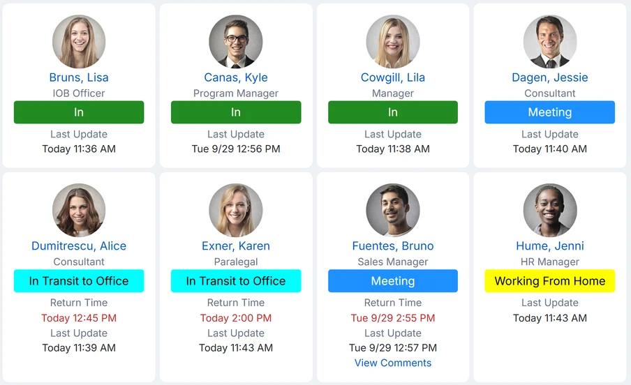 The InOutBoard status board showing employees marked in, in a meeting, in transit to the office, and working from home, with each person's title, return time, and last update.